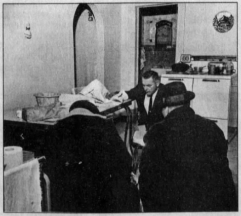 12/18/1963: Outagamie County Sheriff Spice, Undersheriff Marx, and Lt. Zuelzke examine Florence Kilsdonk's body